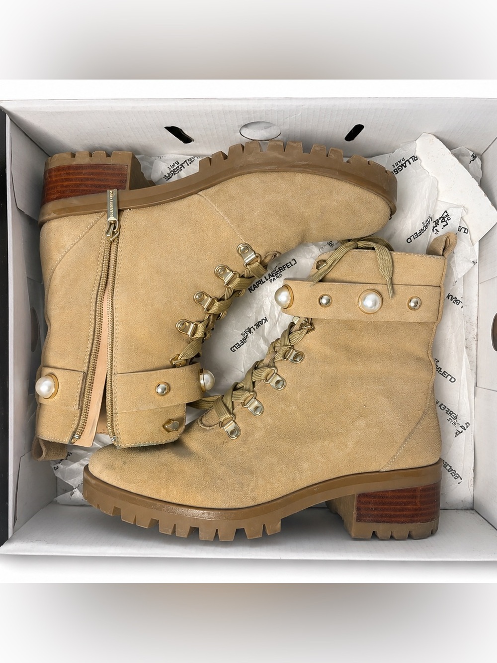 Karl Lagerfeld Paris Perry Combat Boots – Sand Cow Suede – Women’s US 8.5
